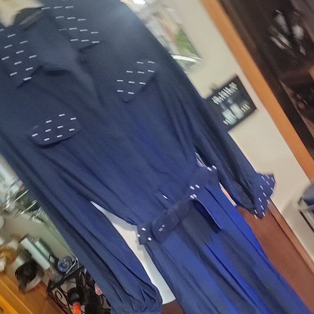 Navy Blue Jumpsuit with Polka Dot Accents
